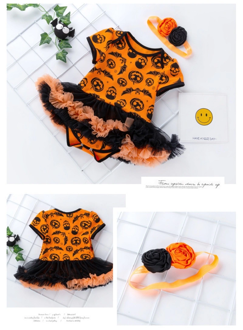 Baby Girls Halloween Pumpkin Bodysuits Tutu Lace Skirt with Headband Esg16387