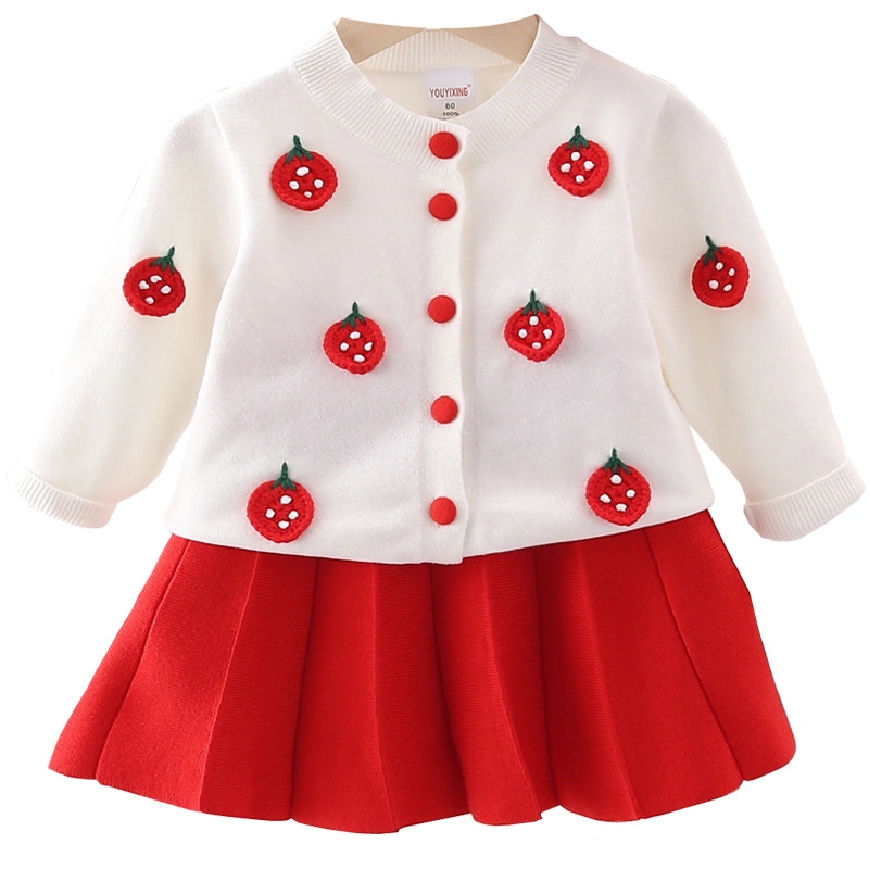 Girls′ Autumn Knitted Suit Cute Crocheted Sweater Skirt Warm Pleated Skirt