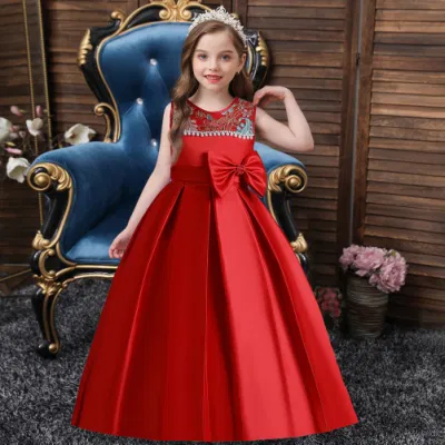 Nouveaux enfants de style princesse vêtements fille Bow broderie perlée porter scène robe de performance