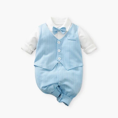 Pyjama 100% coton à manches longues, couleur claire, Style gentleman, avec nœud papillon, barboteuse pour bébés garçons