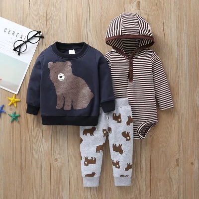 Ensemble trois pièces pour bébé garçon, manteau à capuche, barboteuse et pantalon, manches longues, vêtements pour bébés garçons, vente en gros, printemps automne 2022